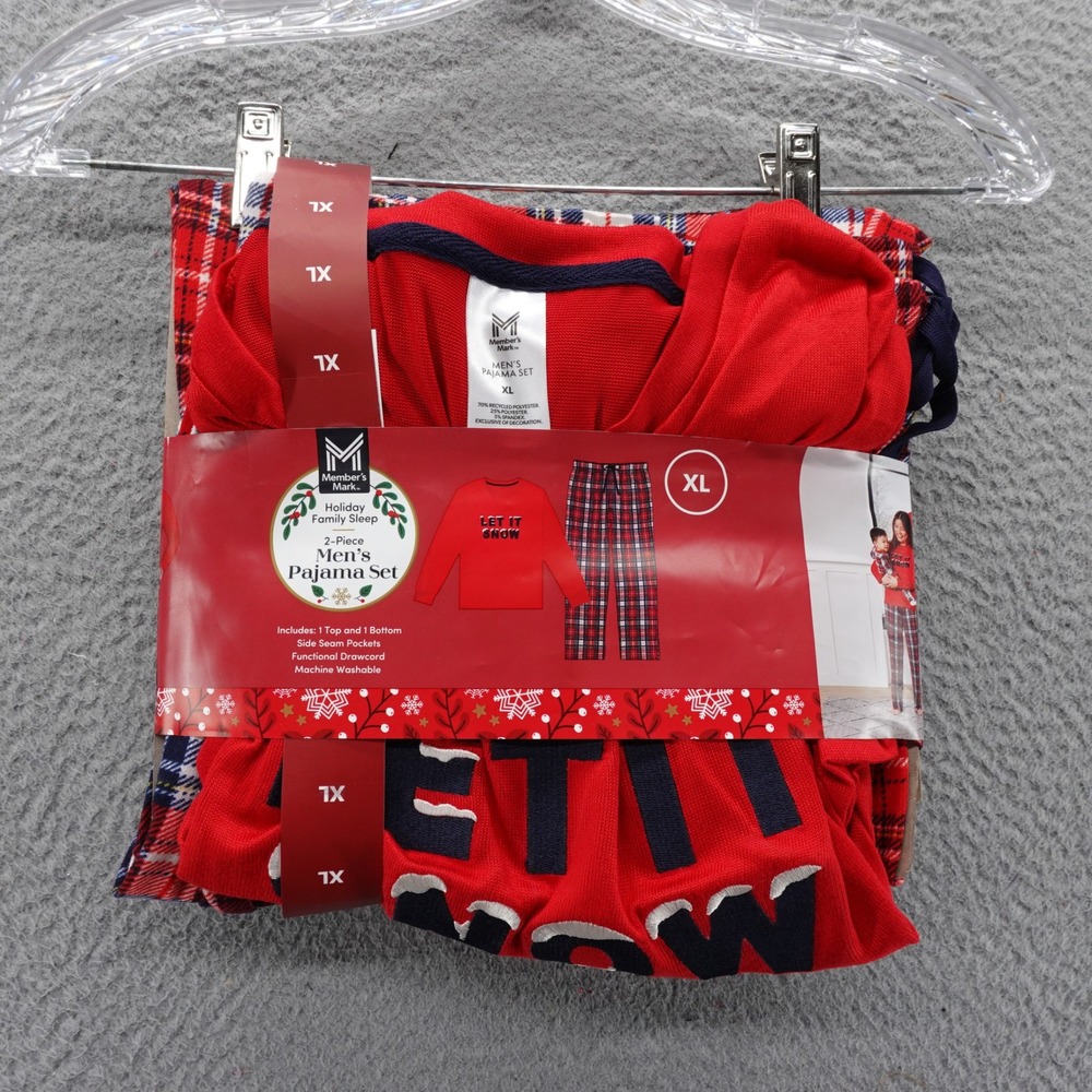 Members Mark Mens 2 Piece Flannel Pajama Set Red Plaid Let It Snow XL NEW‎